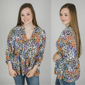NWT Dear John Malia Blouse Top Multicolor Floral 3/4 Sleeve Boho Romantic M